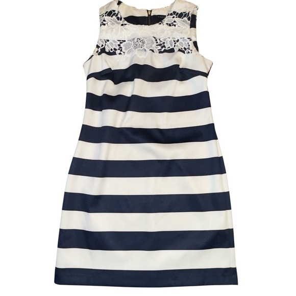 Madison Leigh Navy Blue Striped Preppy Nautical Yacht Lace Shift Dress - Picture 3 of 10